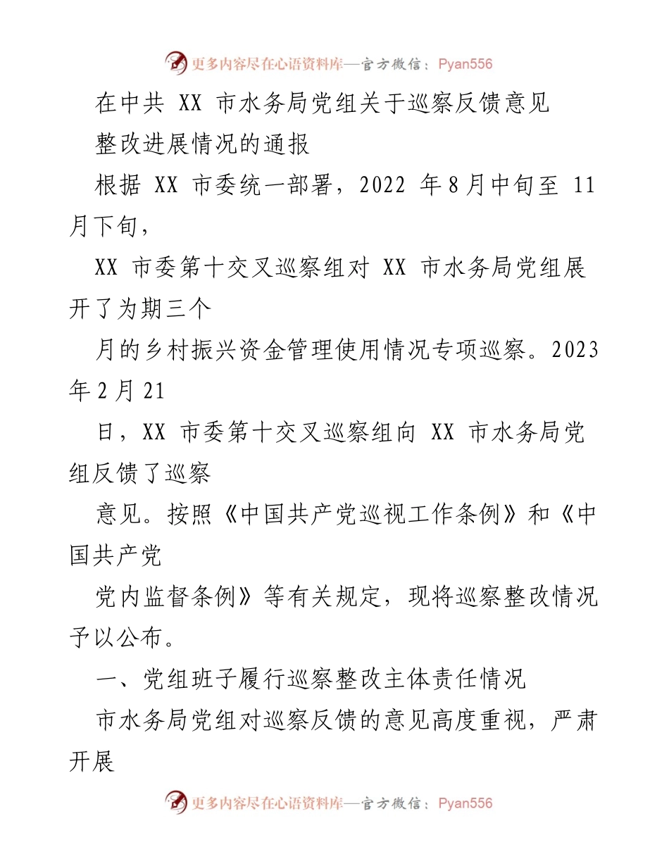 [工作总结] 巡察整改 - XX 市水务局党组巡察反馈意见整改进展情况通报.docx_第1页
