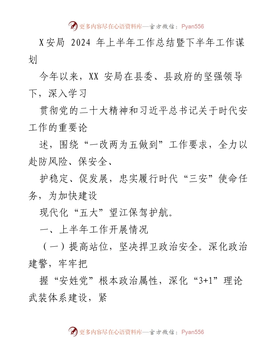[工作总结] 安全局 - 2024年上半年工作总结与下半年谋划分析.docx_第1页