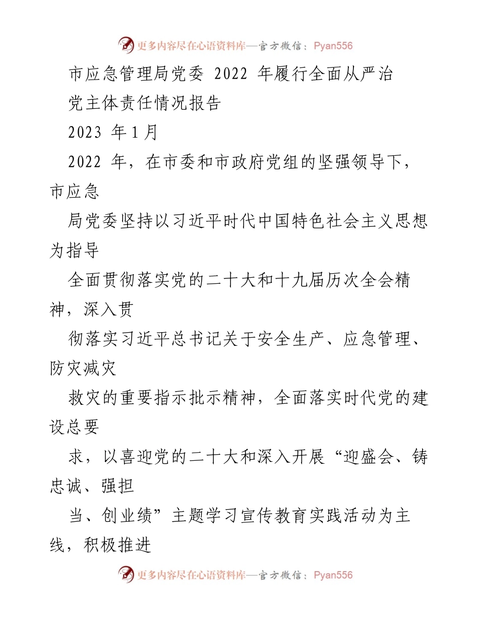 [工作总结] 市应急管理局 - 2022 年全面从严治党主体责任履行情况报告.docx_第1页