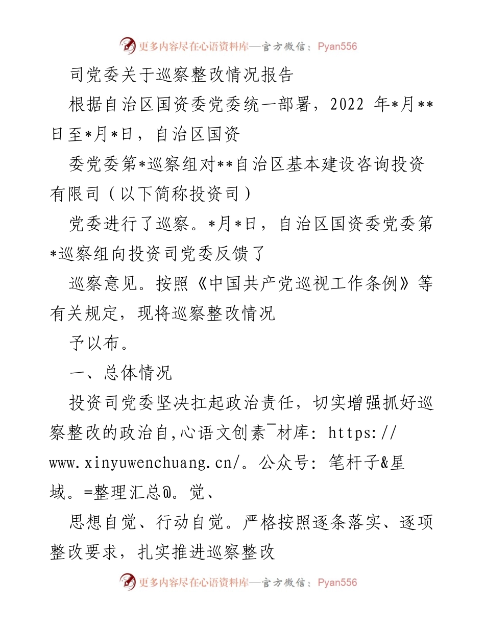[工作总结] 巡察整改 - 投资司党委巡察整改情况报告.docx_第1页