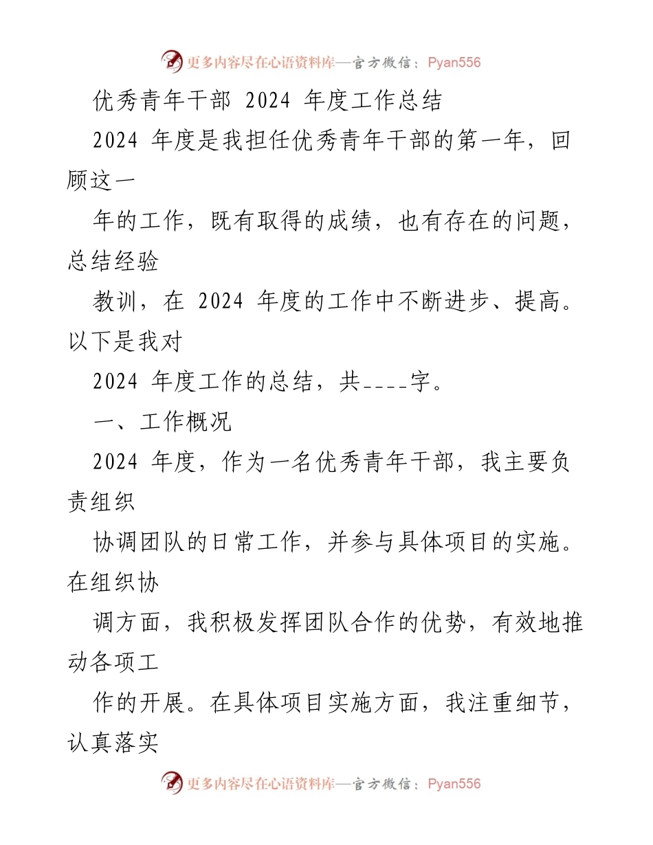 [工作总结] 年度总结 - 2024年度优秀青年干部工作总结与反思.docx_第1页