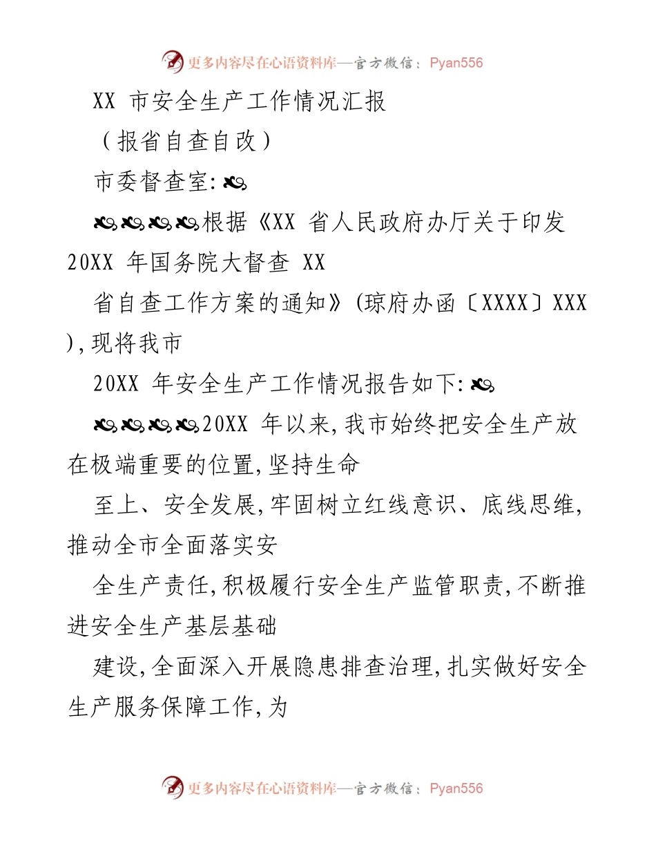 [工作总结] 安全生产 - XX市安全生产工作情况汇报.docx_第1页