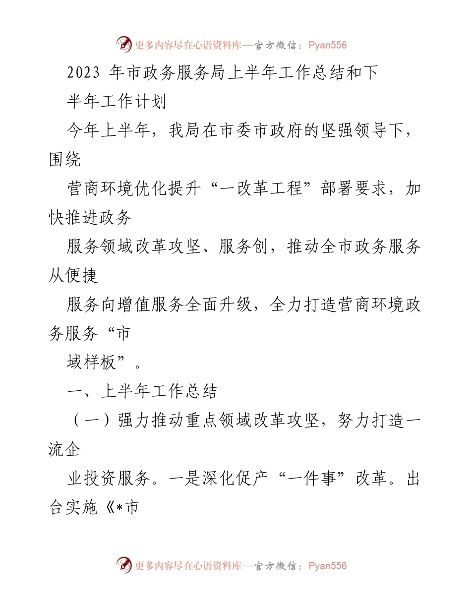 [工作总结] 市政务服务局 - 2023年上半年工作总结及下半年计划.docx_第1页