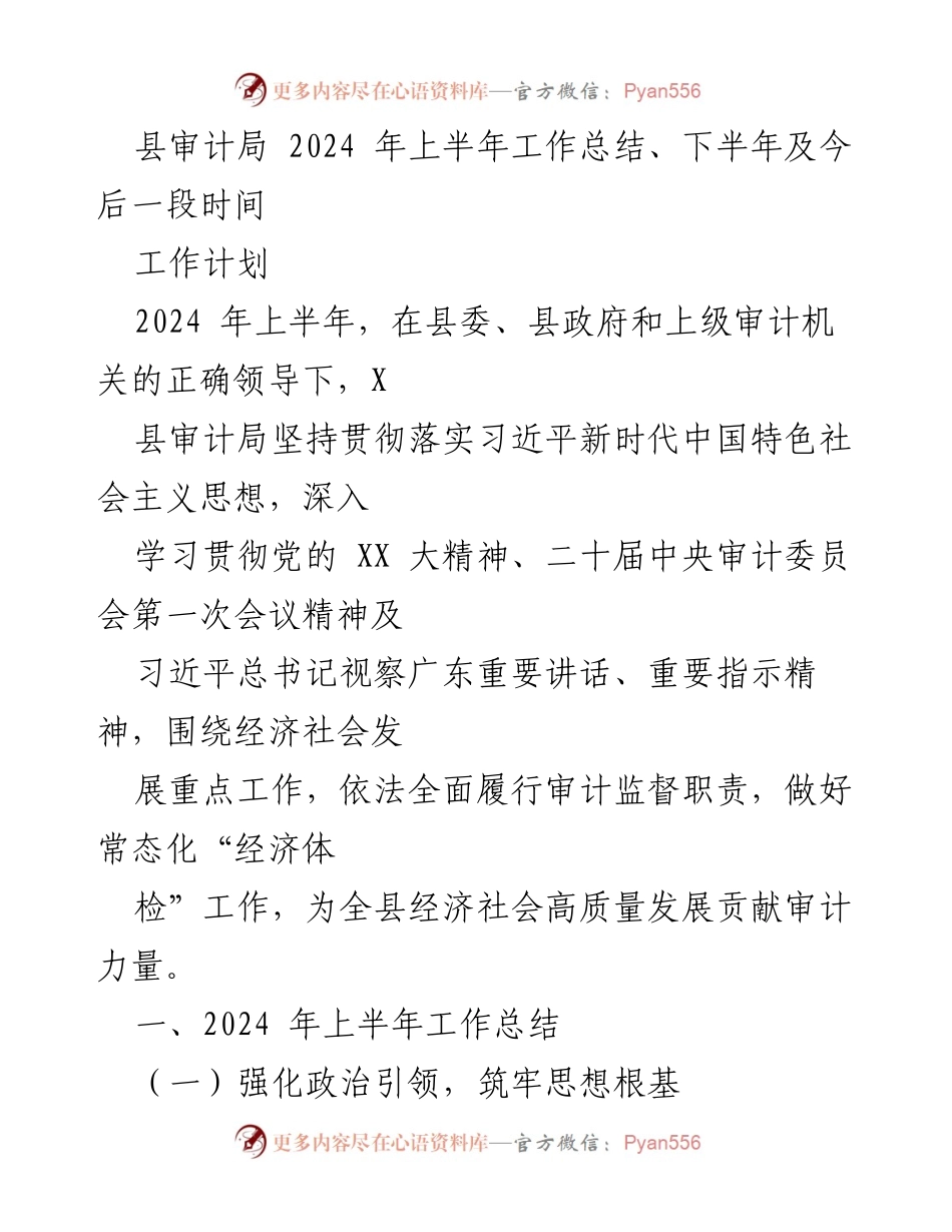 [工作总结] 审计局 - 2024年上半年审计工作总结与下半年计划.docx_第1页