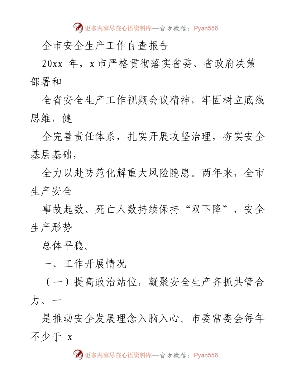 [工作总结] 安全生产 - 全市安全生产工作自查报告.docx_第1页