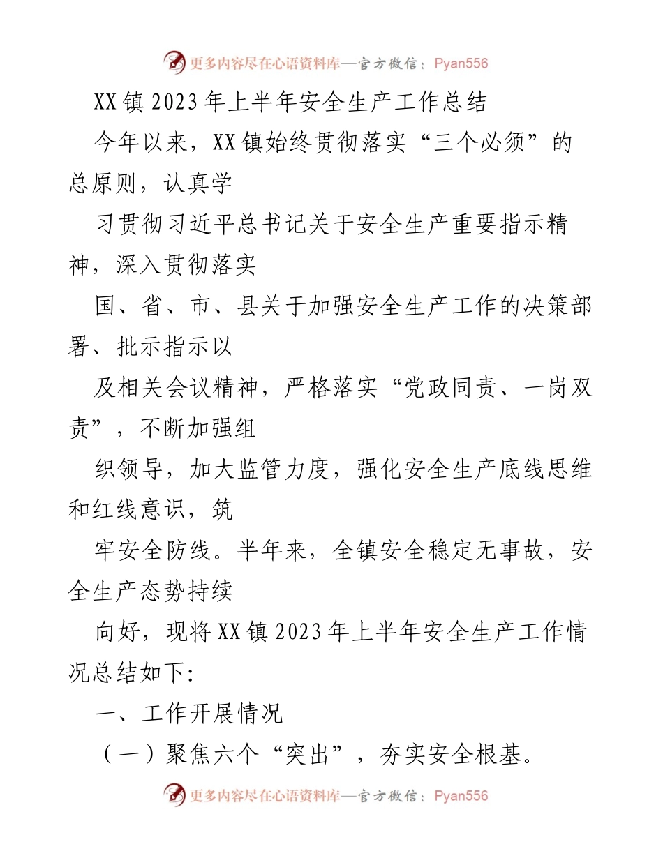 [工作总结] 安全生产工作 - XX镇2023年上半年安全生产工作总结.docx_第1页