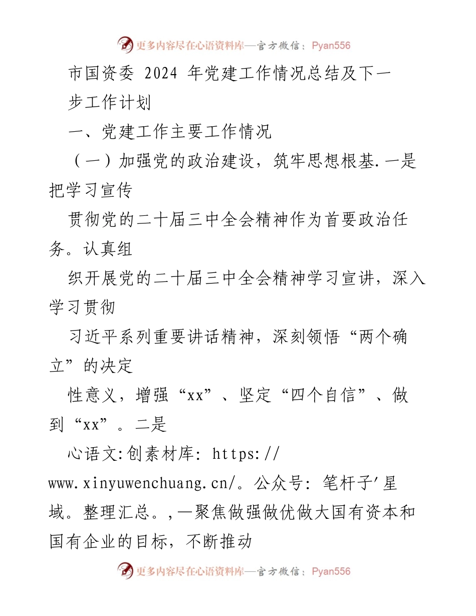 [工作总结] 市国资委 - 2024年党建工作总结及下一步计划.docx_第1页