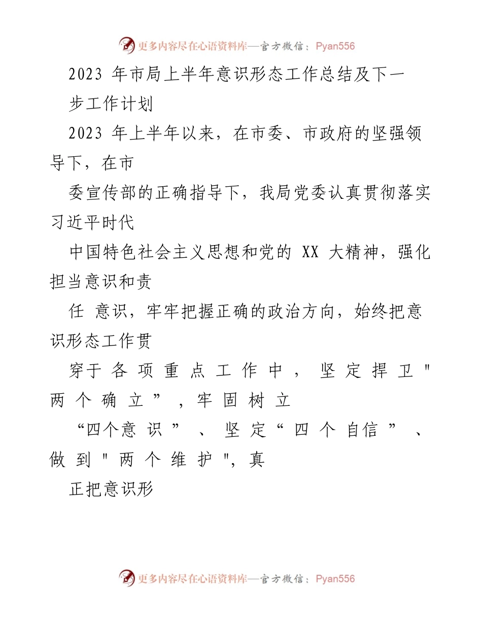 [工作总结] 市局 - 2023年上半年意识形态工作总结及下一步工作计划.docx_第1页