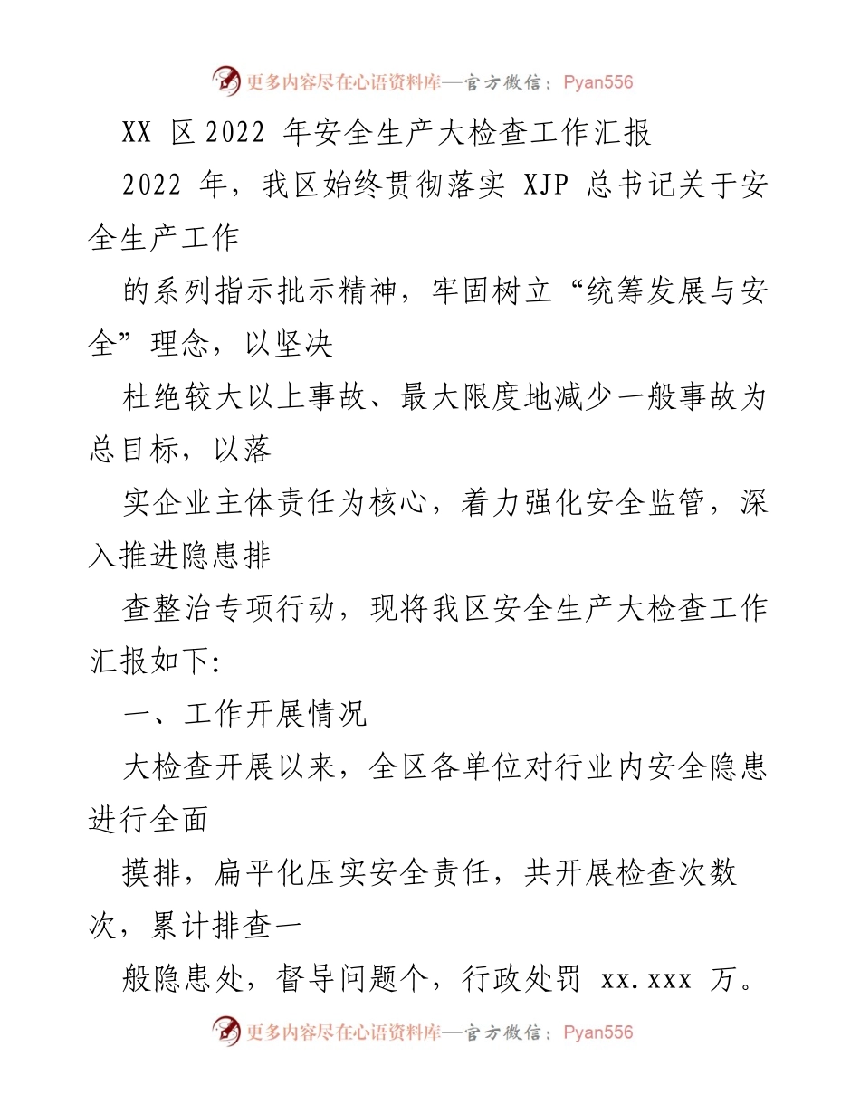 [工作总结] 安全生产检查 - XX区2022年安全生产大检查工作汇报.docx_第1页