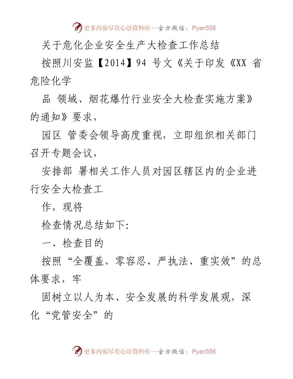 [工作总结] 安全生产大检查 - 危化企业安全生产大检查工作总结.docx_第1页