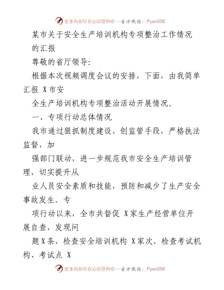 [工作总结] 安全生产培训机构专项整治 - 某市安全生产培训机构专项整治工作汇报.docx_第1页
