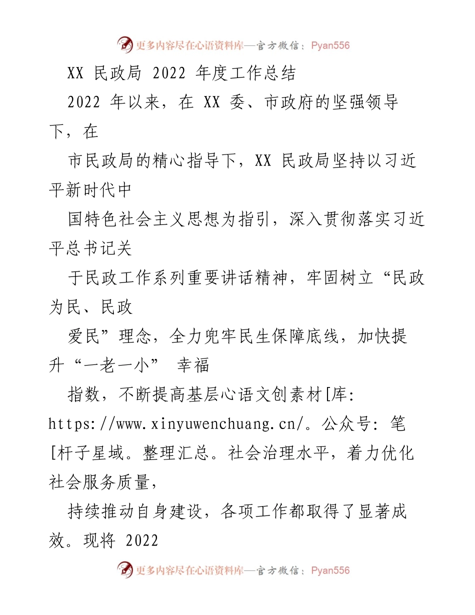 [工作总结] 年度总结 - XX 民政局 2022 年度工作总结.docx_第1页