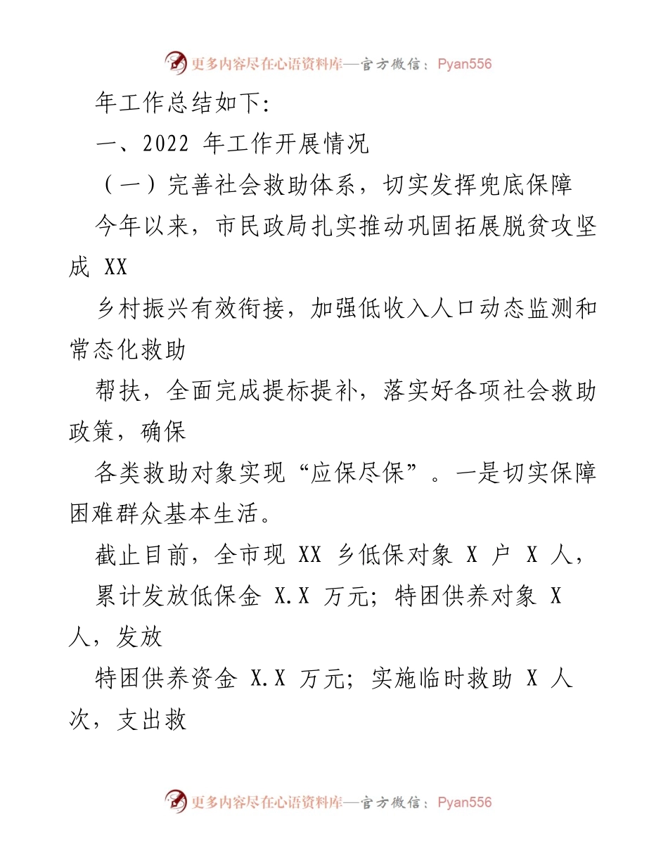 [工作总结] 年度总结 - XX 民政局 2022 年度工作总结.docx_第2页