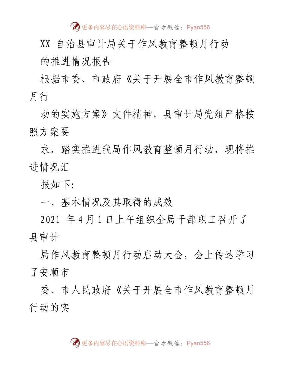[工作总结] 审计局 - 作风教育整顿月行动推进情况报告.docx_第1页
