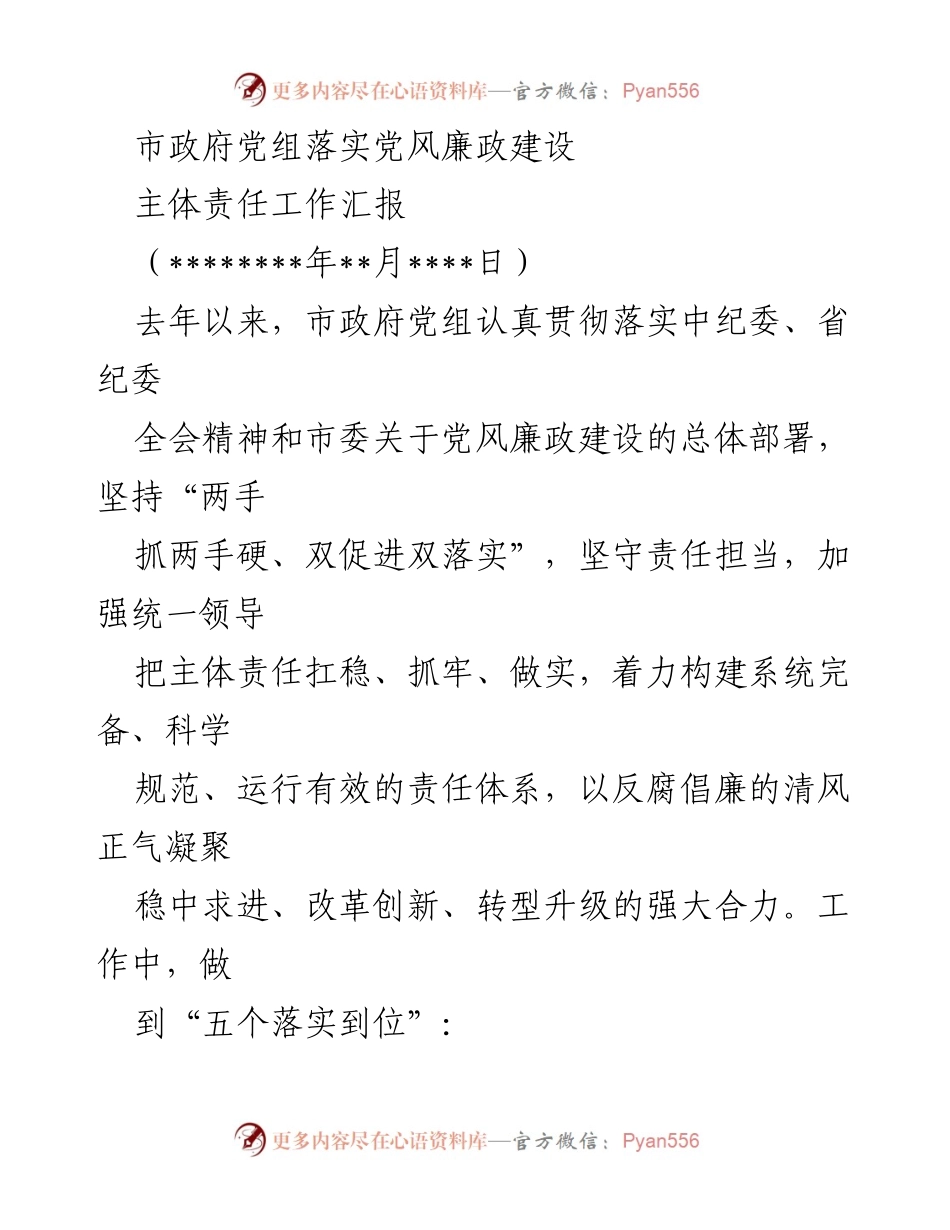 [工作总结] 市政府党组 - 党风廉政建设主体责任落实情况汇报.docx_第1页