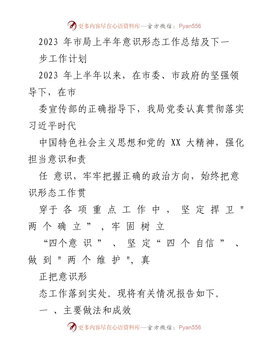 [工作总结] 市局会议 - 2023年上半年意识形态工作总结及下一步工作计划.docx_第1页