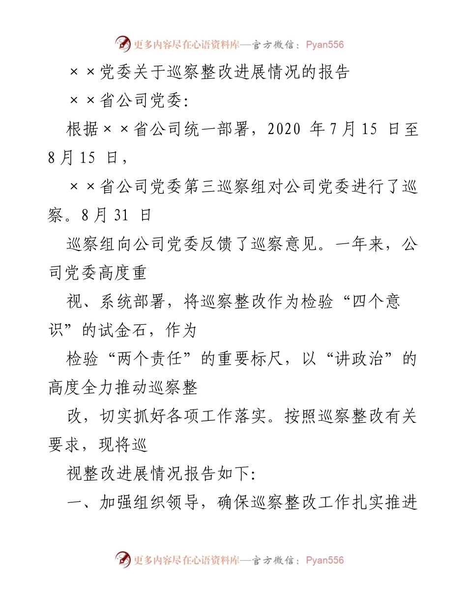 [工作总结] 巡察整改 - ××省公司党委巡察整改进展情况报告.docx_第1页