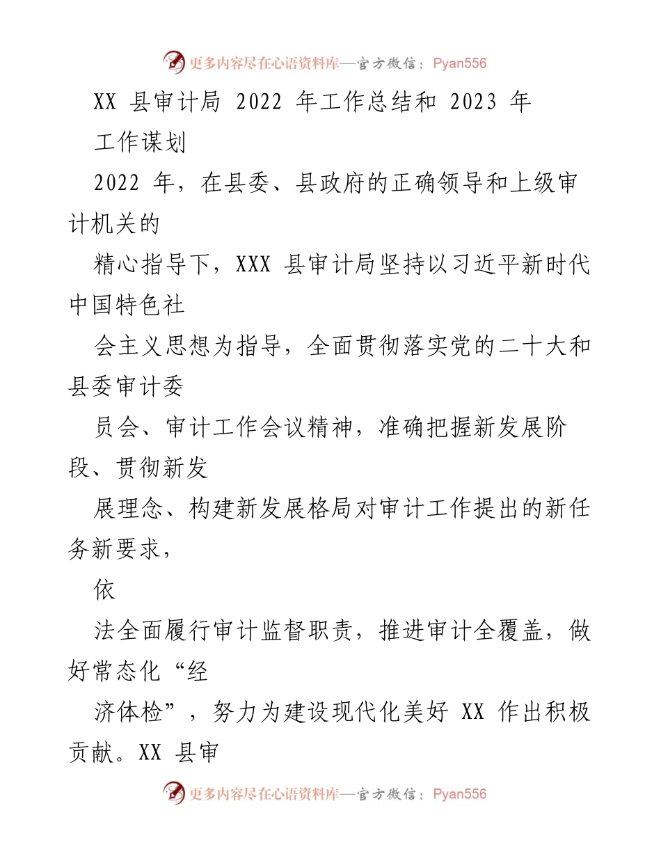 [工作总结] 审计局 - XX 县审计局2022年工作总结与2023年工作规划.docx_第1页