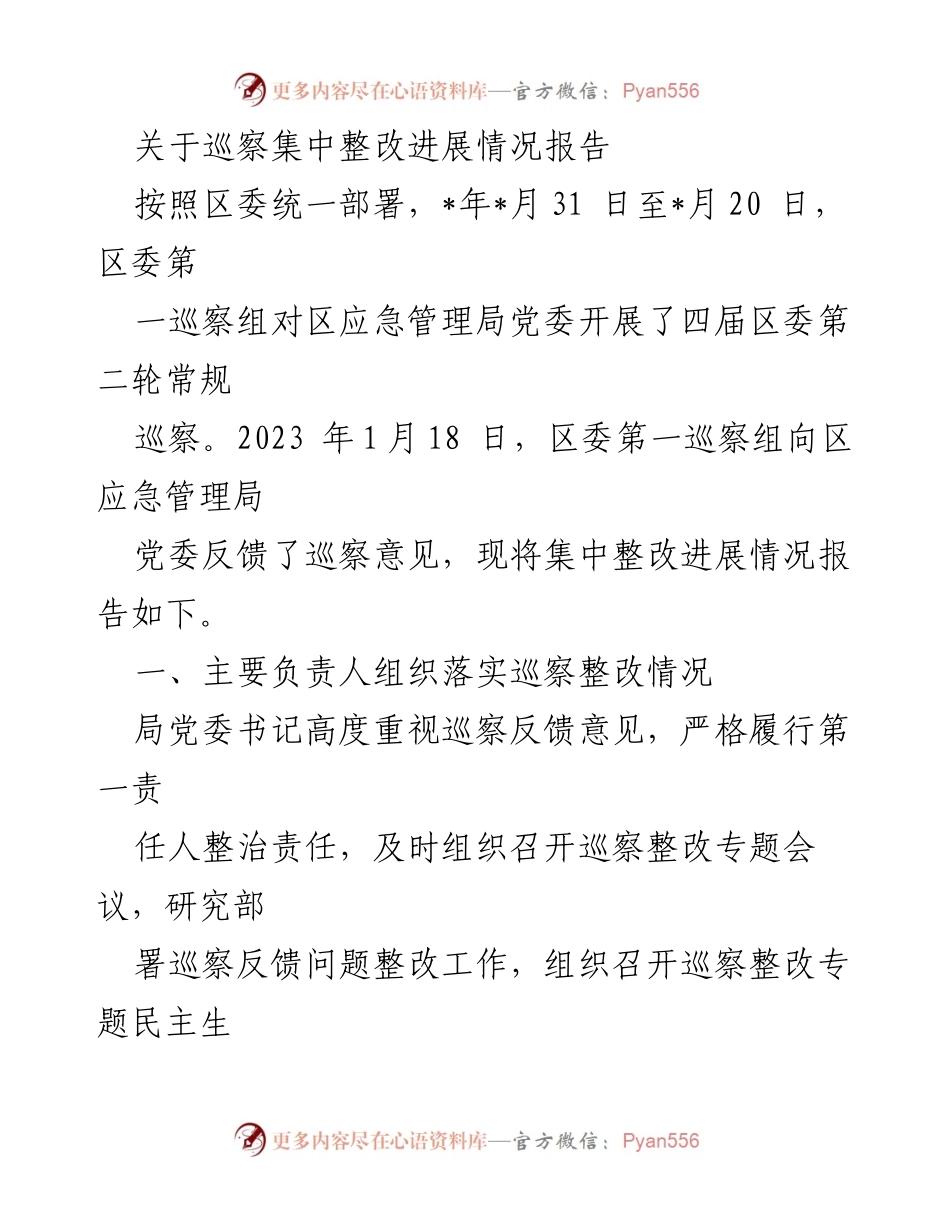 [工作总结] 巡察整改 - 区应急管理局巡察整改进展情况报告.docx_第1页