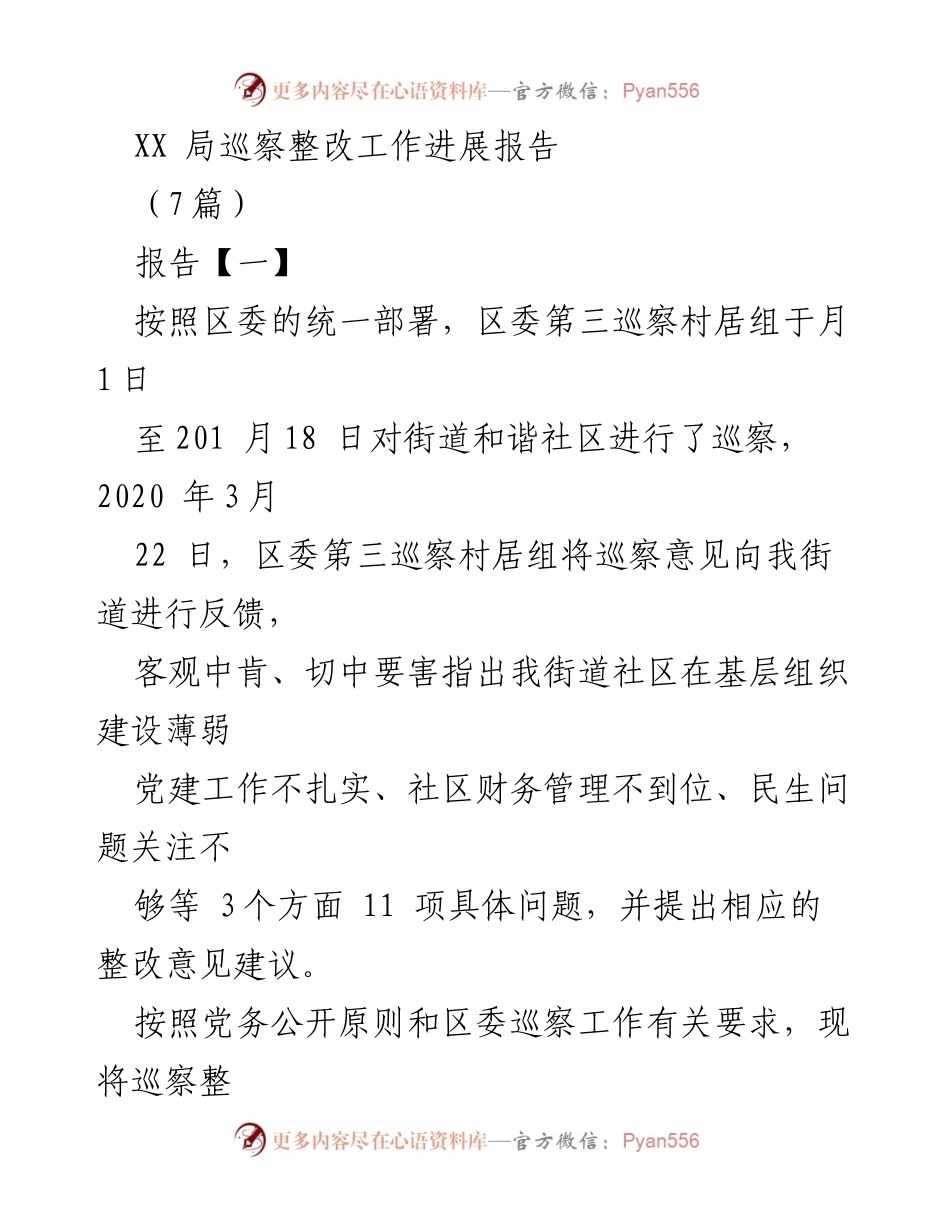 [工作总结] 巡察整改 - XX局巡察整改工作进展报告.docx_第1页