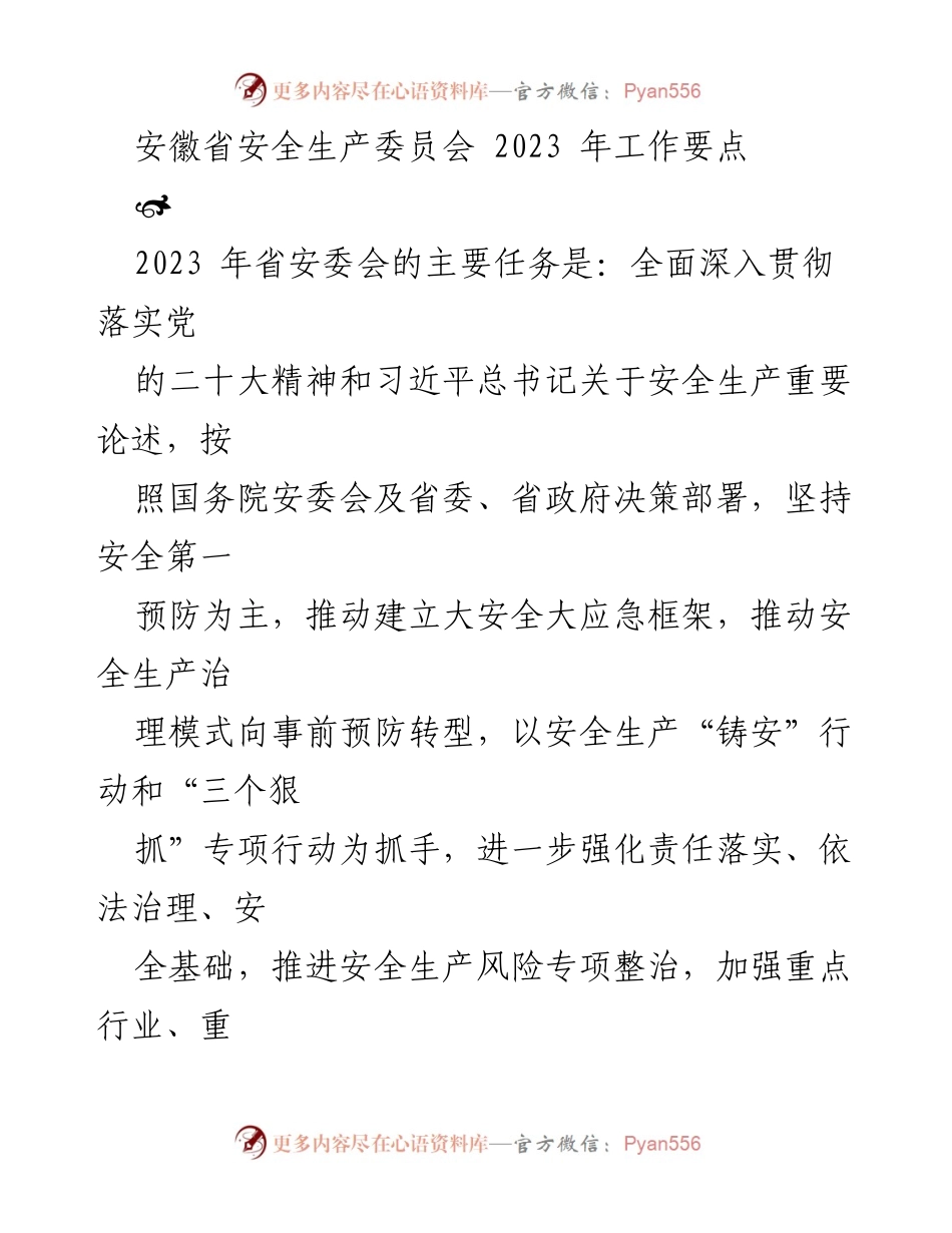 [工作总结] 安徽省安全生产委员会 - 2023 年安全生产工作要点及责任体系建设.docx_第1页