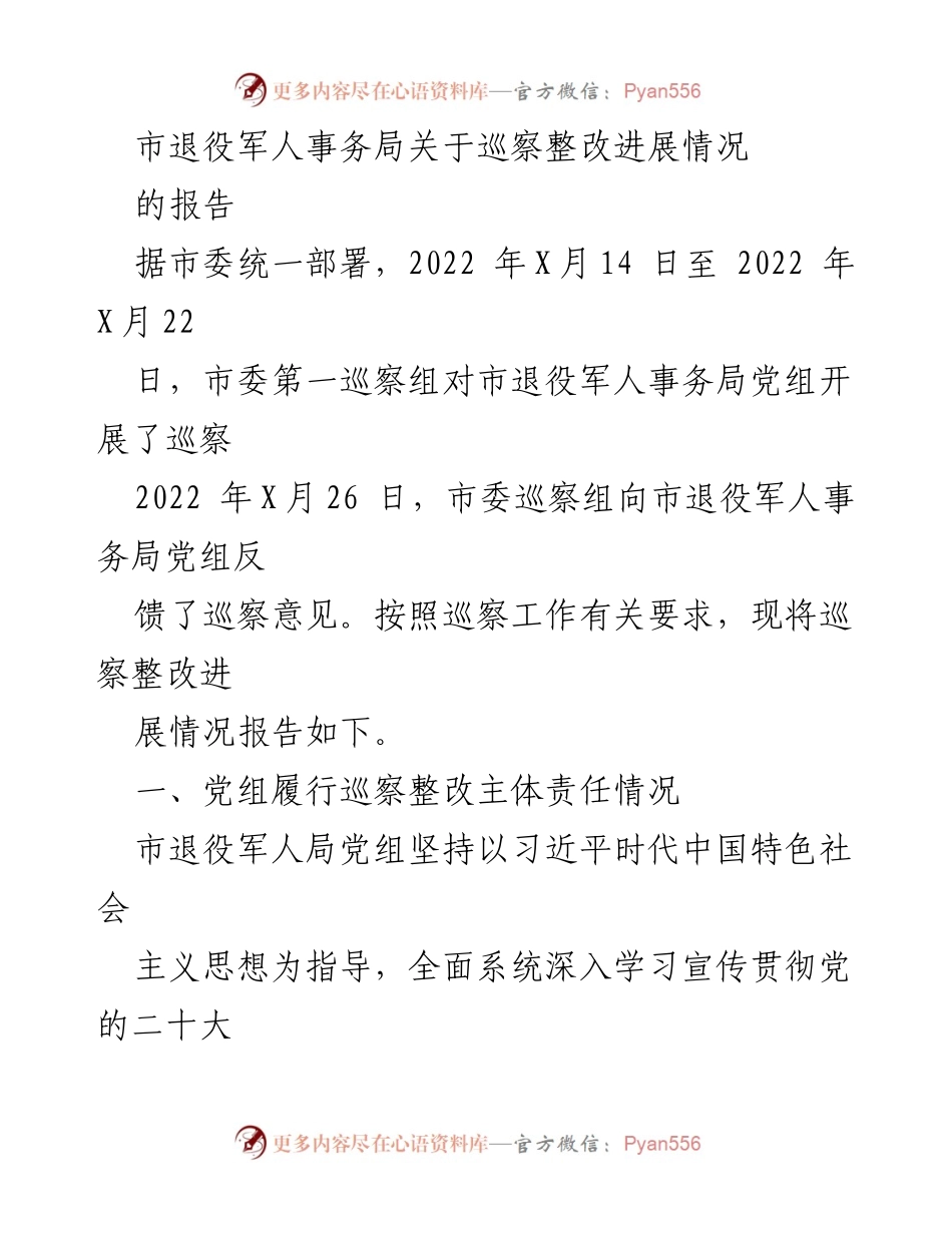 [工作总结] 巡察整改 - 市退役军人事务局巡察整改进展情况报告.docx_第1页