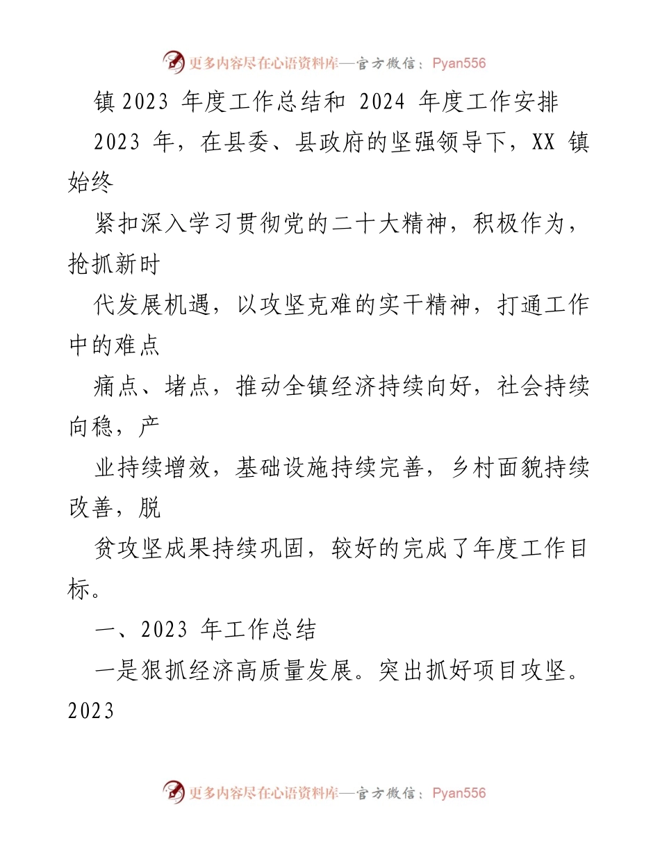 [工作总结] 年度工作总结 - XX镇2023年度工作总结与2024年度工作安排.docx_第1页