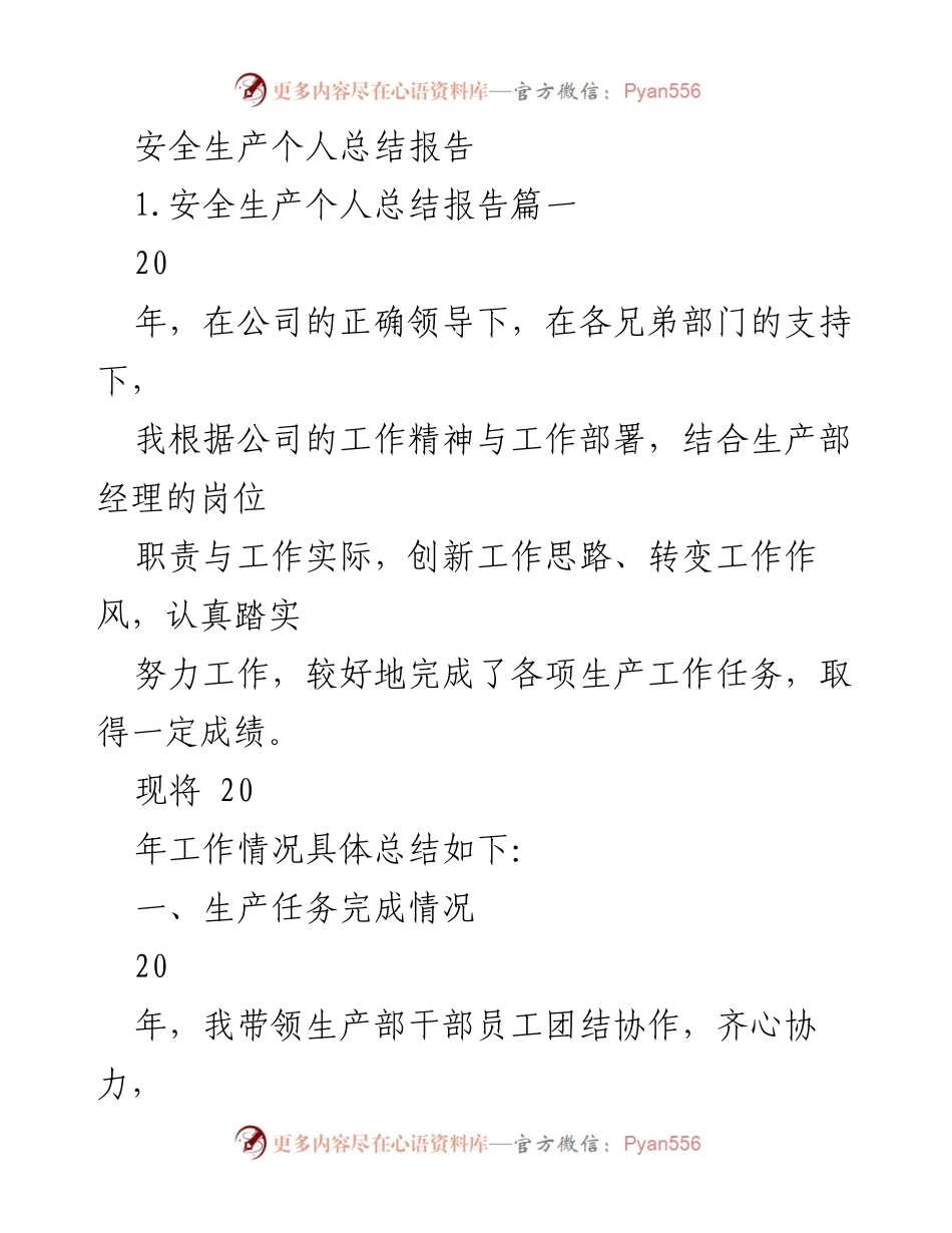 [工作总结] 安全生产 - 2020年安全生产个人工作总结报告.docx_第1页