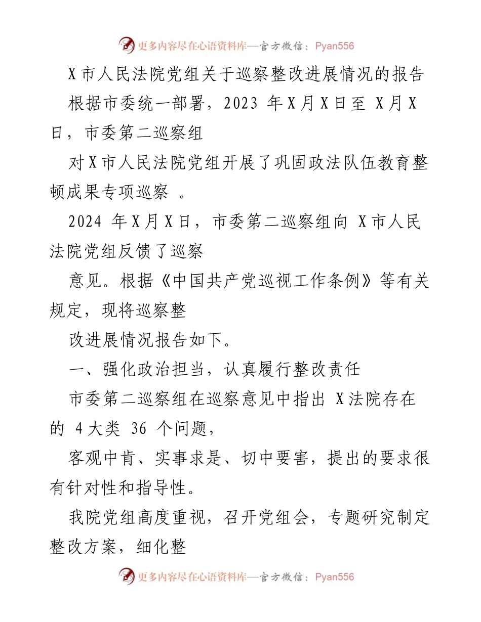 [工作总结] 巡察整改 - X市人民法院党组巡察整改进展情况报告.docx_第1页