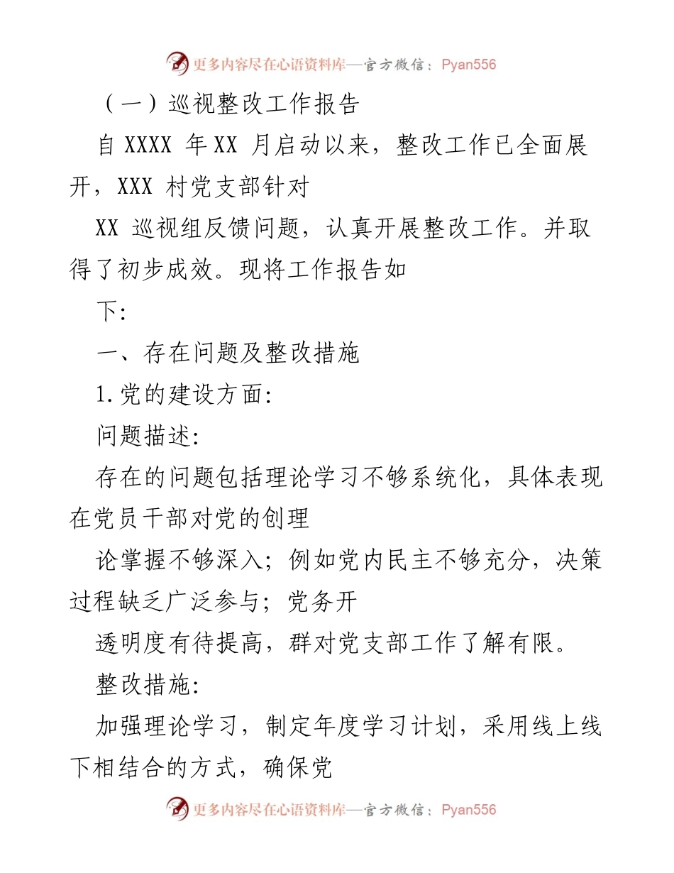 [工作总结] 巡视整改 - XXX村党支部巡视整改工作报告.docx_第1页