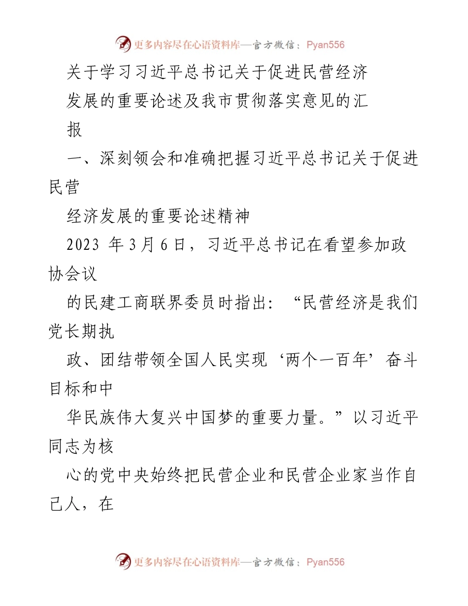 [工作总结] 市政府会议 - 学习习近平总书记关于促进民营经济发展的重要论述及我市贯彻落实意见的汇报.docx_第1页