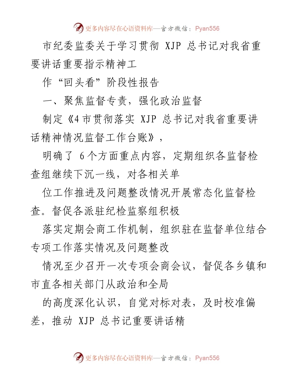 [工作总结] 市纪委监委 - 学习贯彻XJP总书记重要讲话精神的监督与落实情况报告.docx_第1页