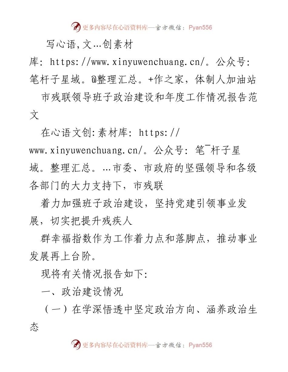 [工作总结] 市残联 - 市残联领导班子政治建设与年度工作情况总结报告.docx_第1页