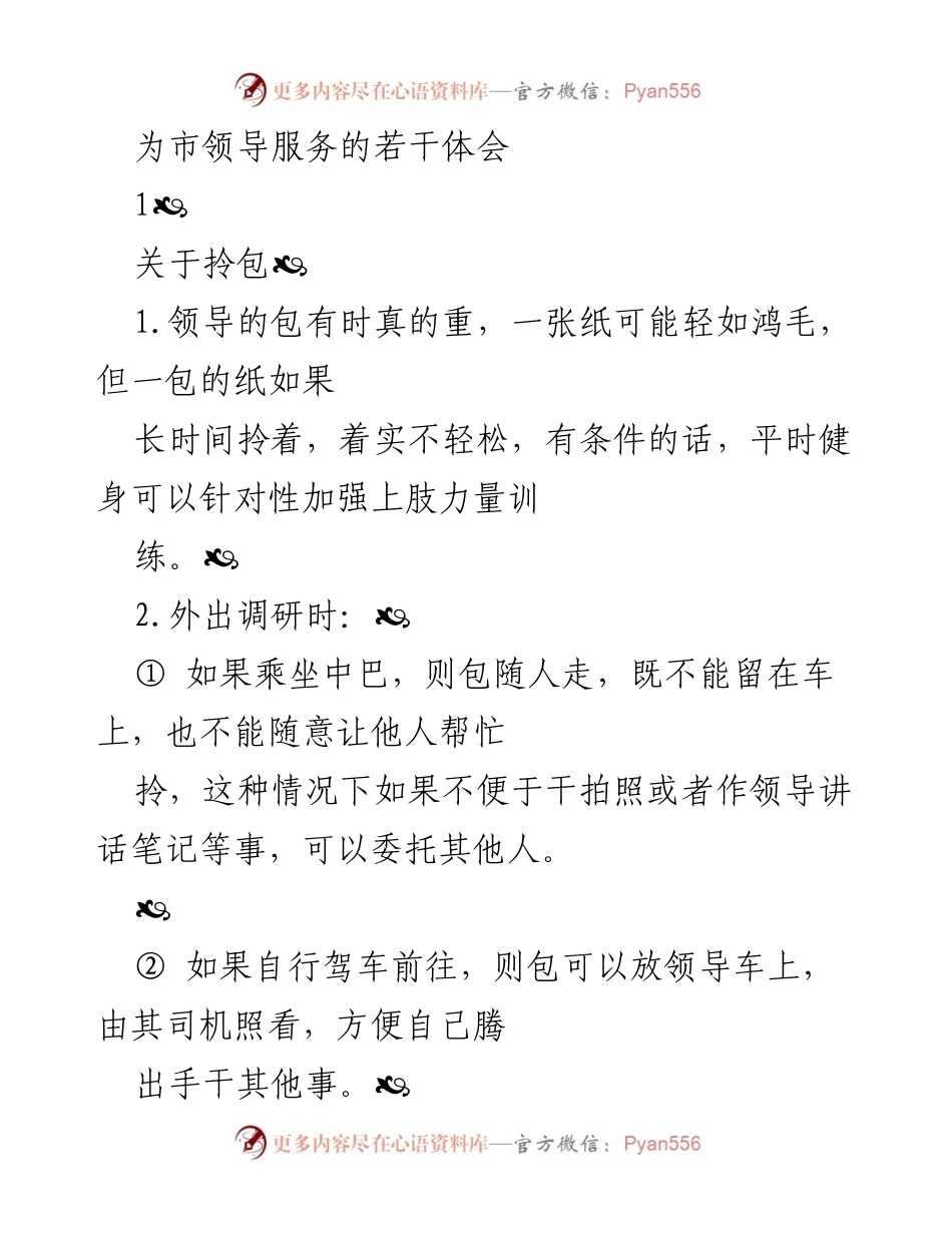 [工作总结] 市领导服务 - 市领导服务中的包处理与拍照技巧体会.docx_第1页