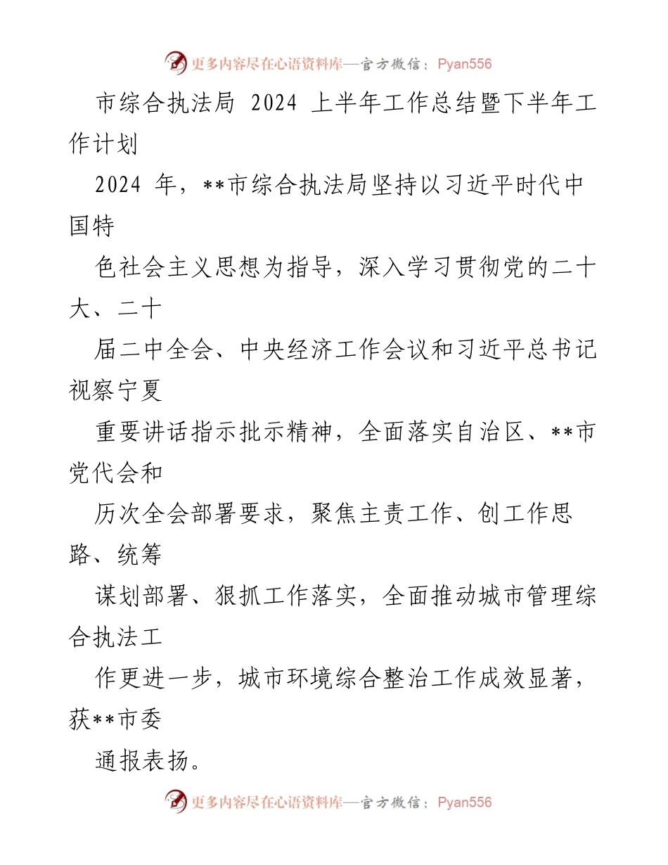 [工作总结] 市综合执法局 - 2024年上半年工作总结与下半年工作计划.docx_第1页