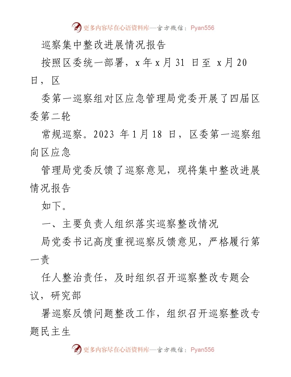 [工作总结] 巡察整改 - 区应急管理局巡察整改进展情况报告_1.docx_第1页