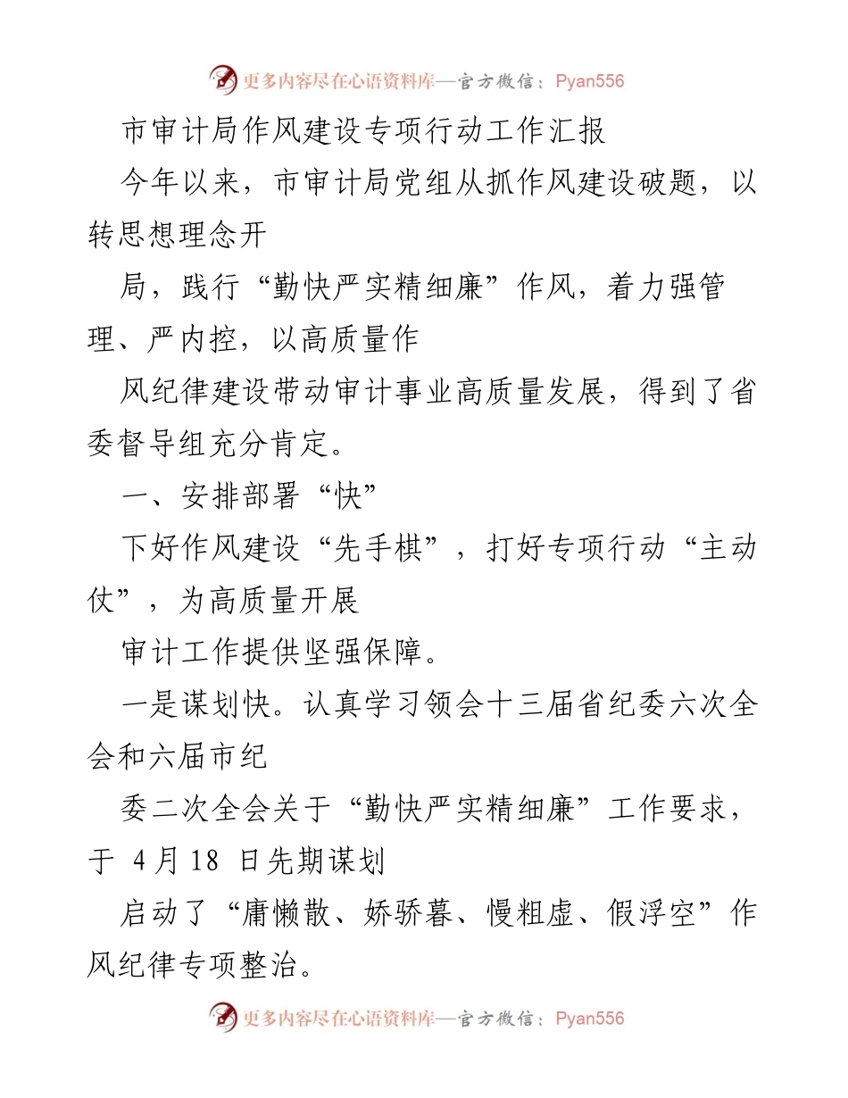 [工作总结] 市审计局 - 作风建设专项行动工作汇报.docx_第1页