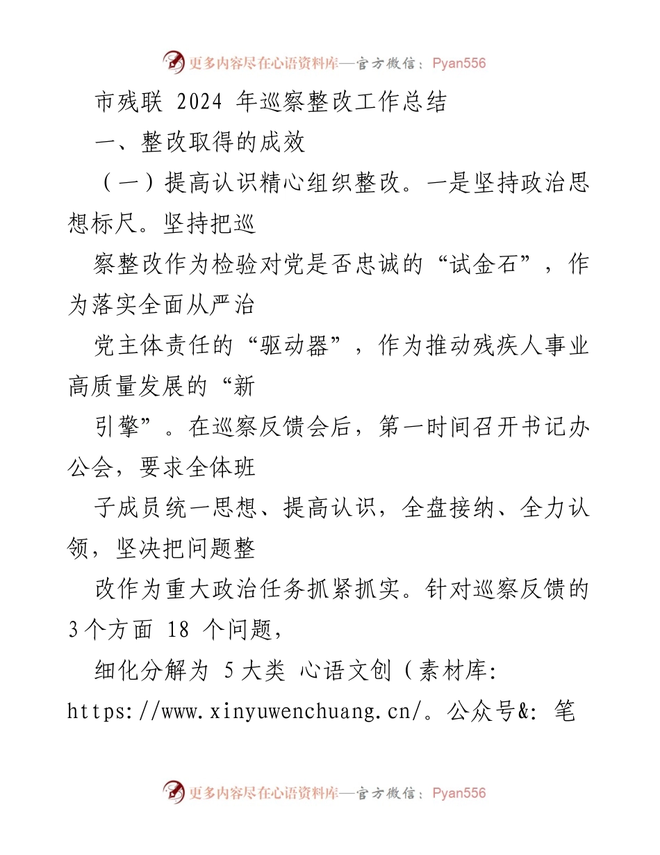 [工作总结] 市残联巡察整改 - 2024年巡察整改工作成效与措施总结.docx_第1页