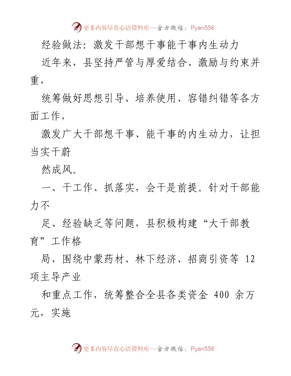 [工作总结] 干部激励 - 激发干部内生动力的经验做法.docx_第1页