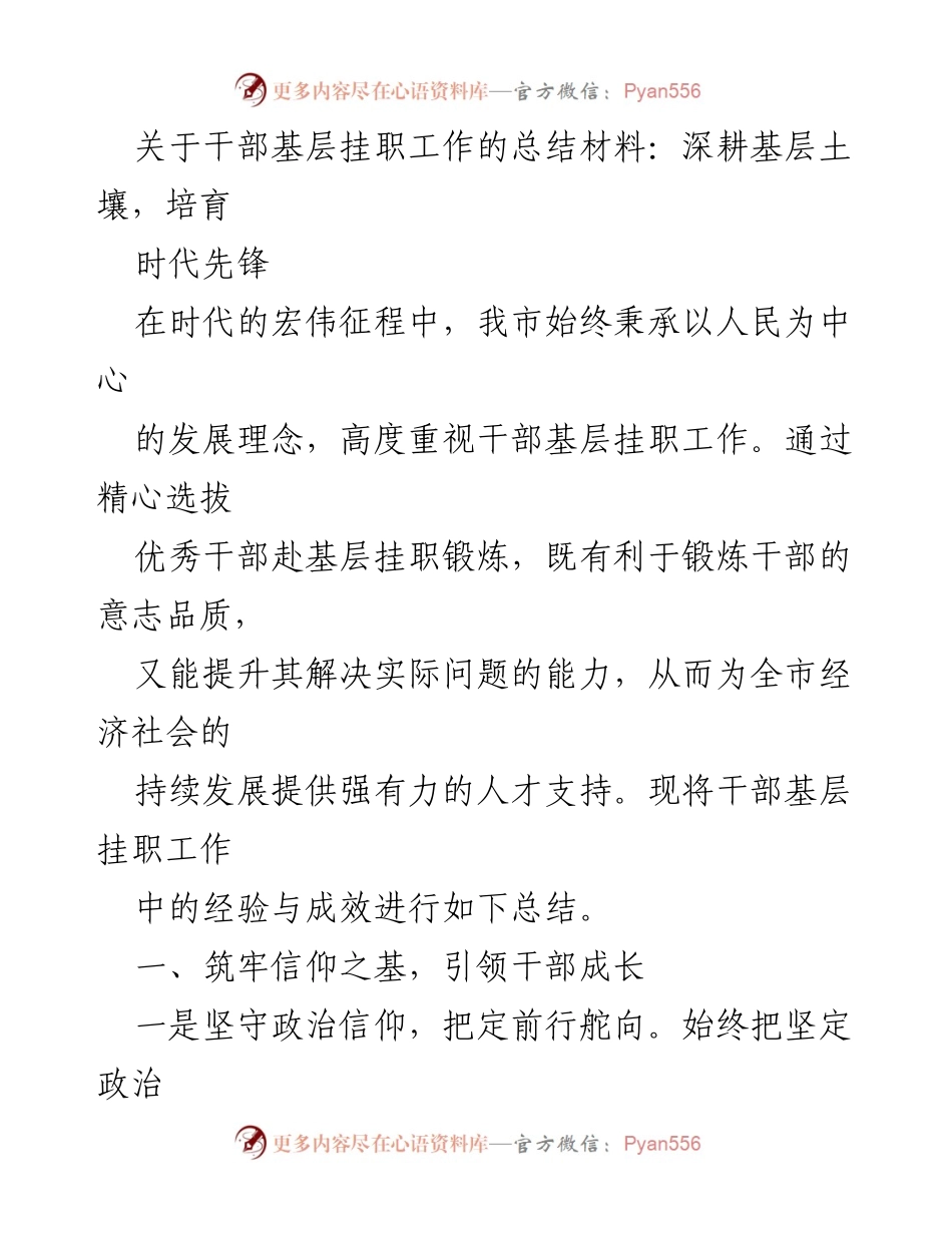 [工作总结] 干部基层挂职工作 - 深耕基层，培育时代先锋的经验与成效总结.docx_第1页