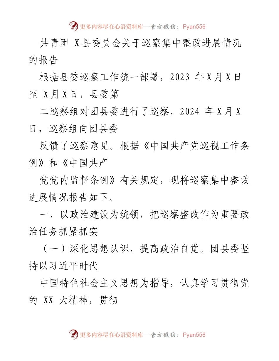 [工作总结] 巡察整改 - 共青团X县委员会巡察整改进展情况报告.docx_第1页
