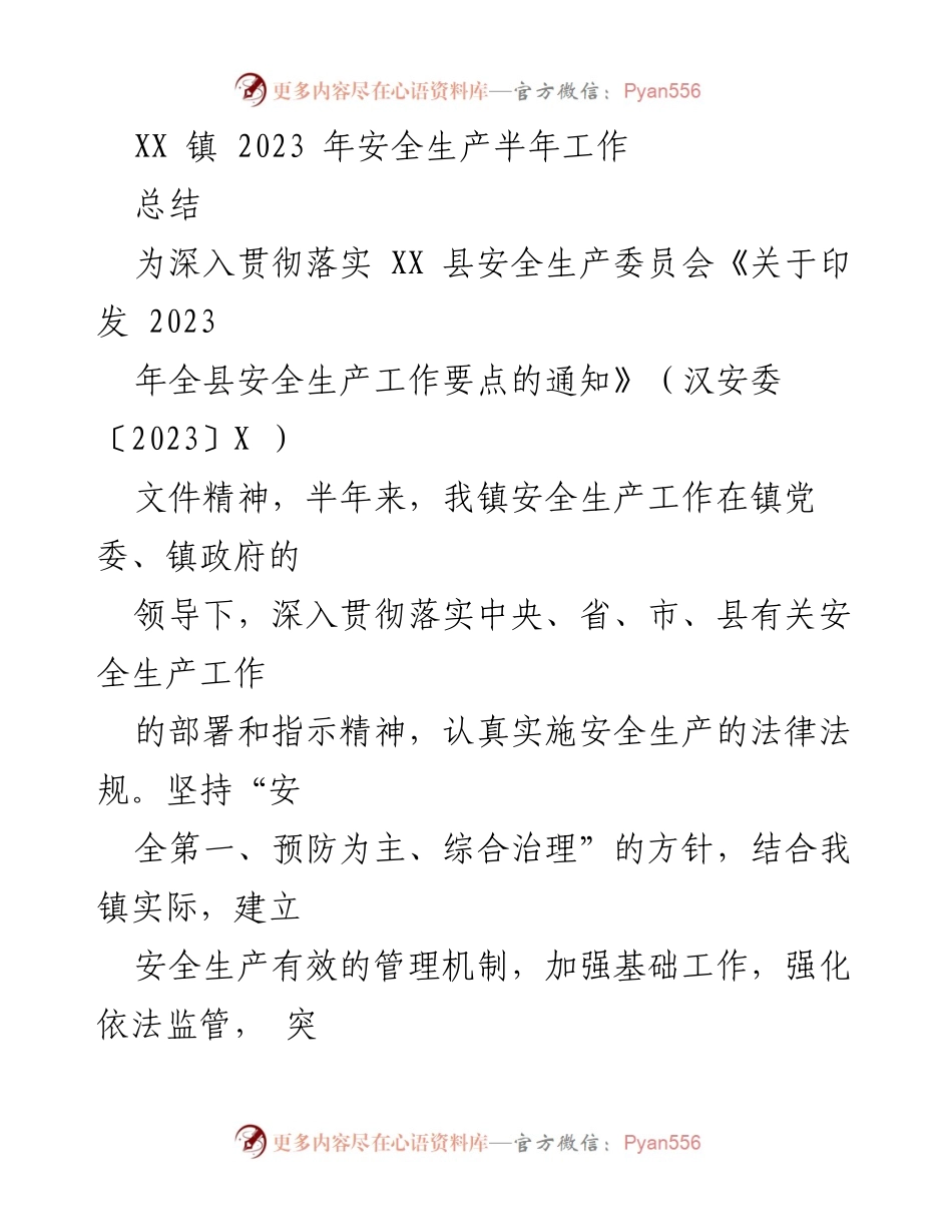 [工作总结] 安全生产 - XX镇2023年安全生产半年工作总结.docx_第1页