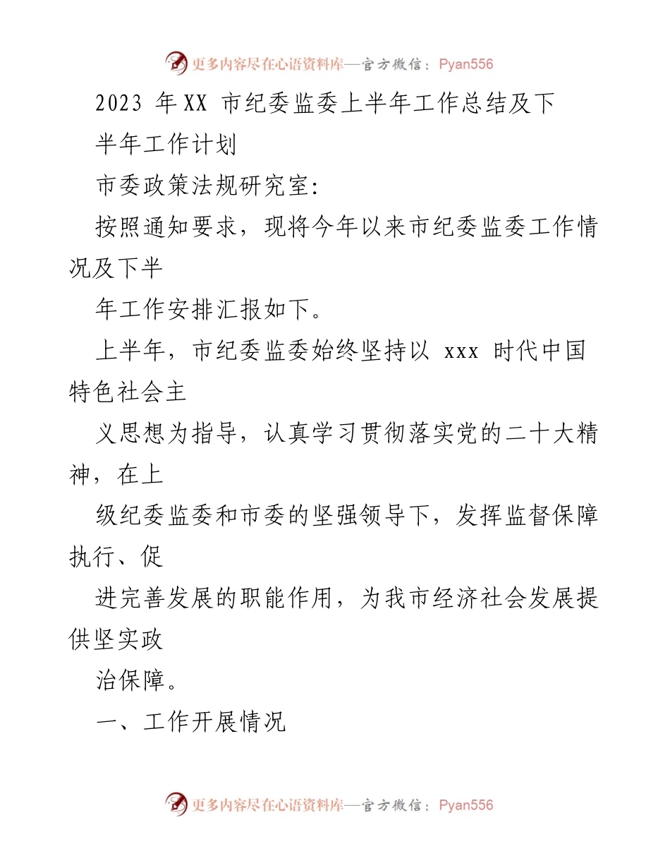 [工作总结] 市纪委监委 - 2023年上半年工作总结及下半年工作计划.docx_第1页