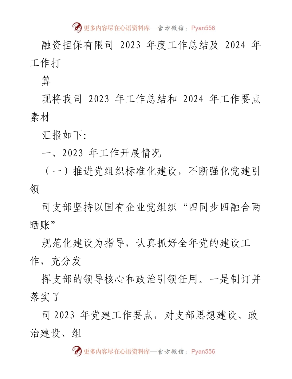 [工作总结] 年度工作总结会 - 融资担保有限公司2023年度工作总结与2024年度工作计划.docx_第1页