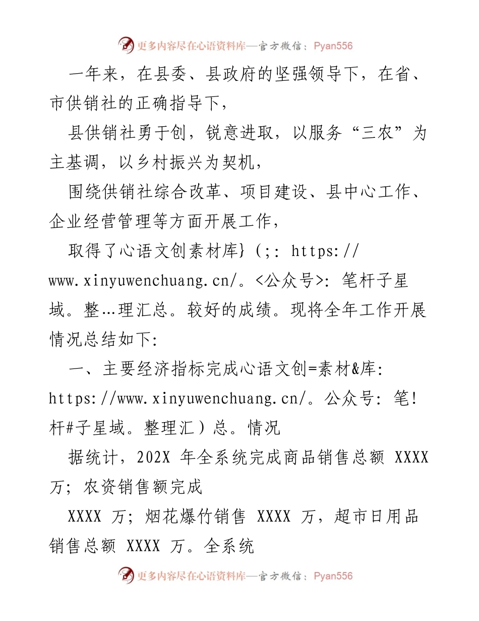 [工作总结] 年度工作总结 - 县供销社202X年度工作总结及成就报告.docx_第1页