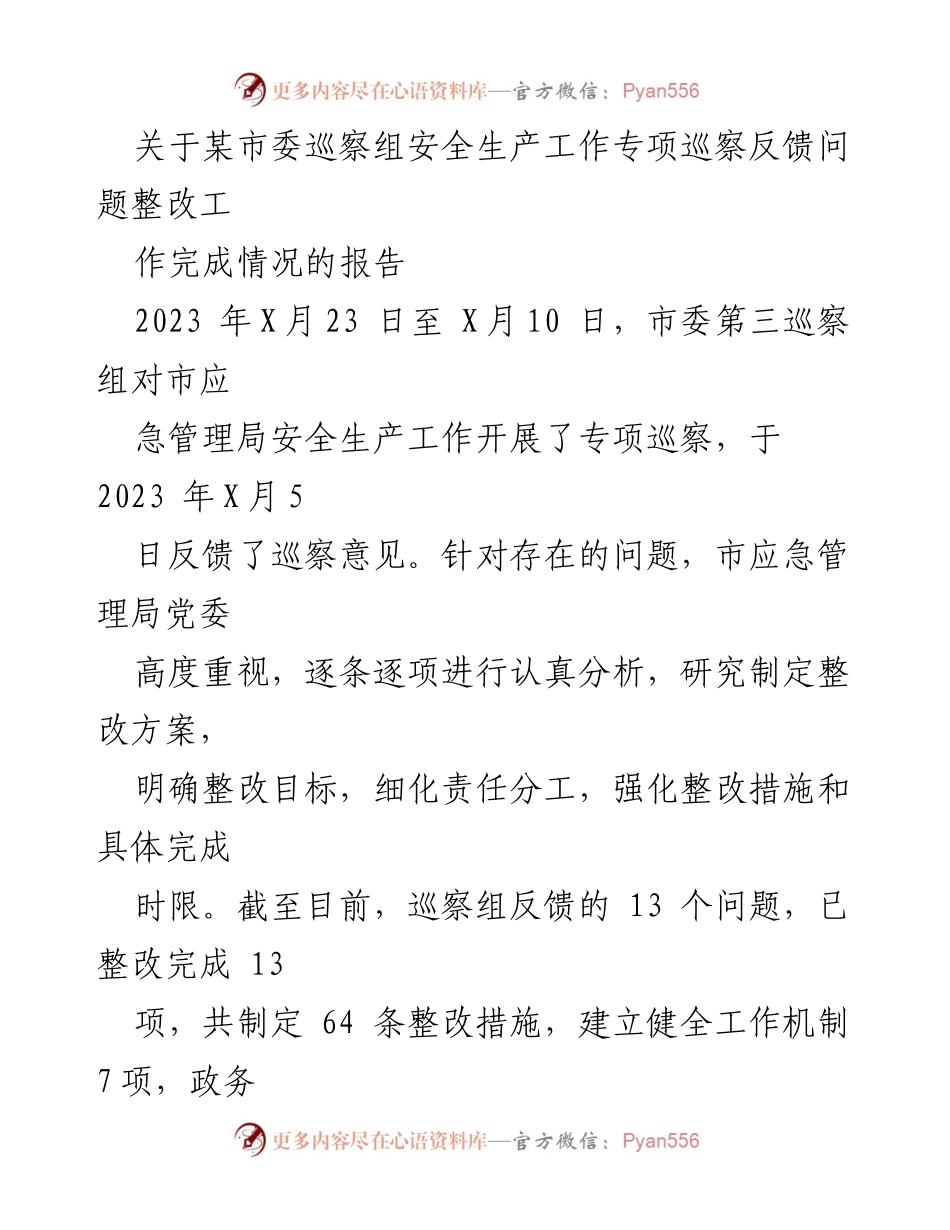 [工作总结] 巡察整改 - 市应急管理局安全生产巡察整改工作报告.docx_第1页