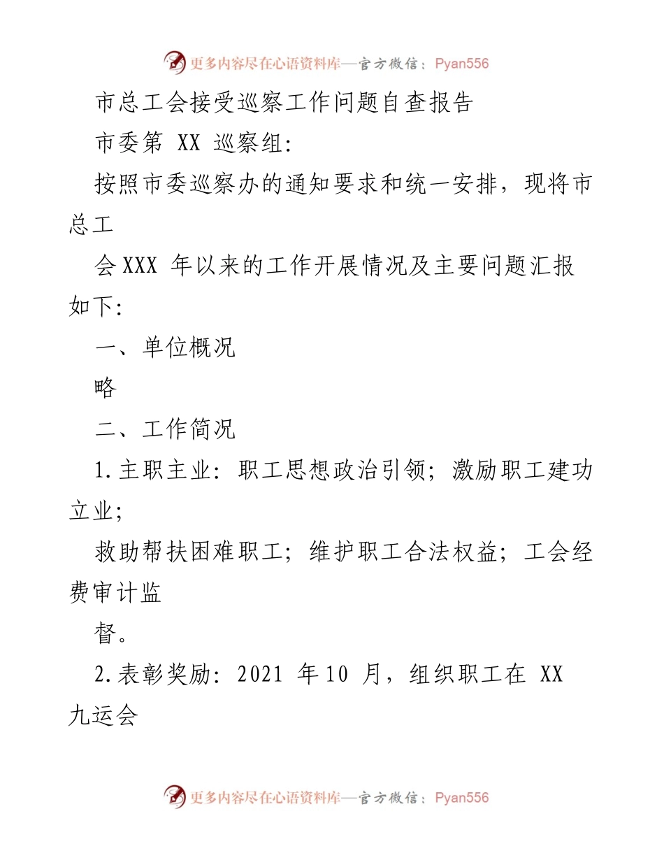 [工作总结] 巡察工作 - 市总工会巡察工作自查报告及主要问题汇报.docx_第1页