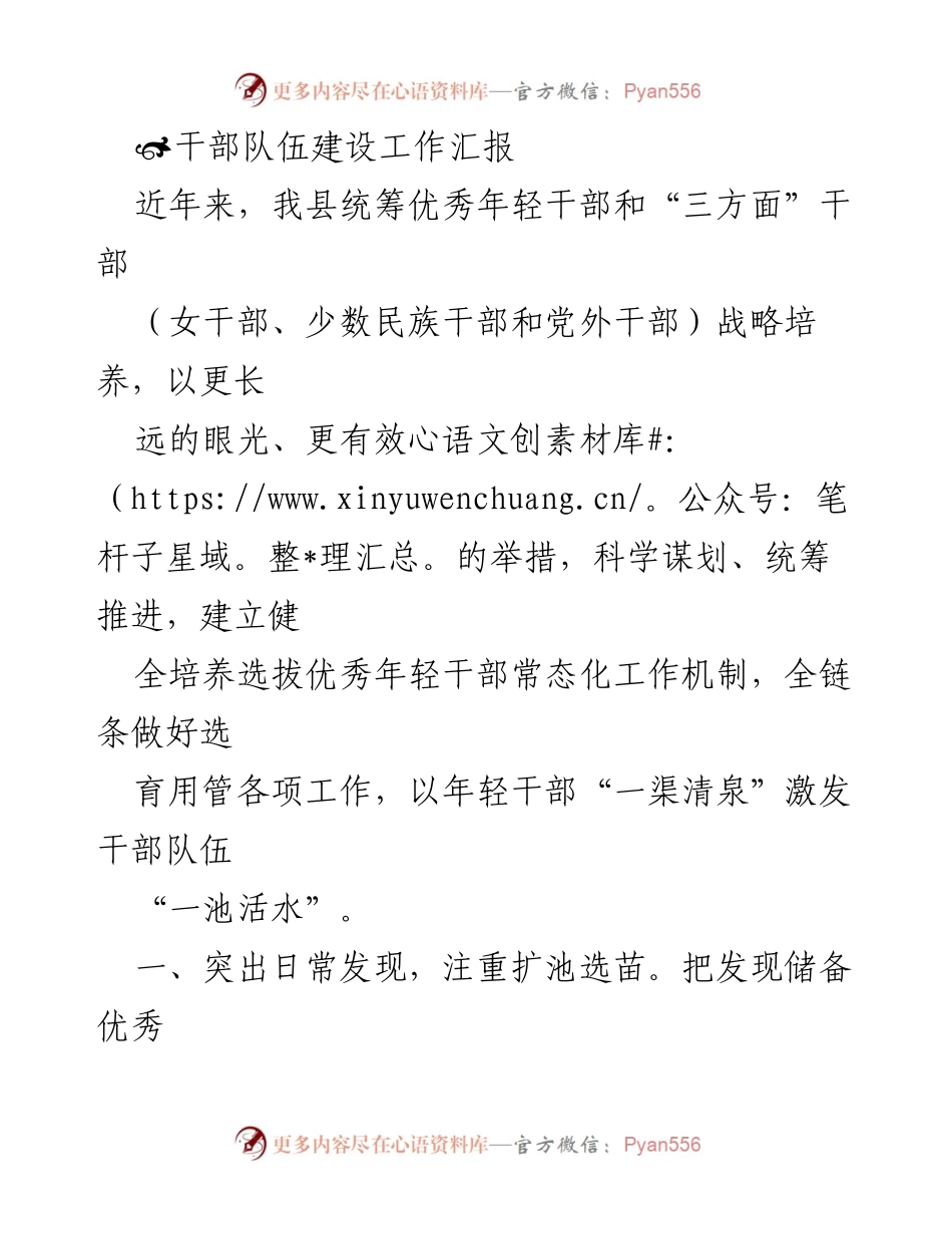 [工作总结] 干部队伍建设 - 优化年轻干部培养选拔机制的工作汇报_1.docx_第1页