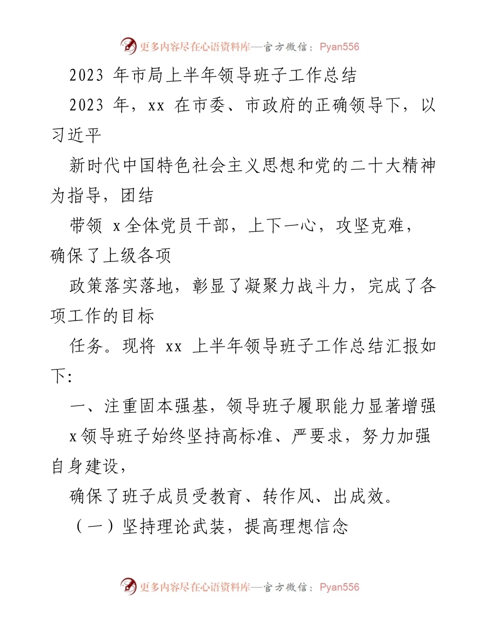 [工作总结] 市局 - 2023年上半年领导班子工作总结报告.docx_第1页