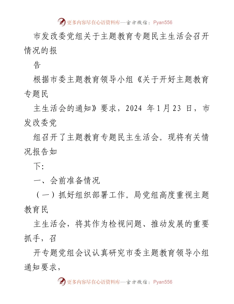 [工作总结] 市发改委 - 主题教育专题民主生活会召开情况报告_1.docx_第1页